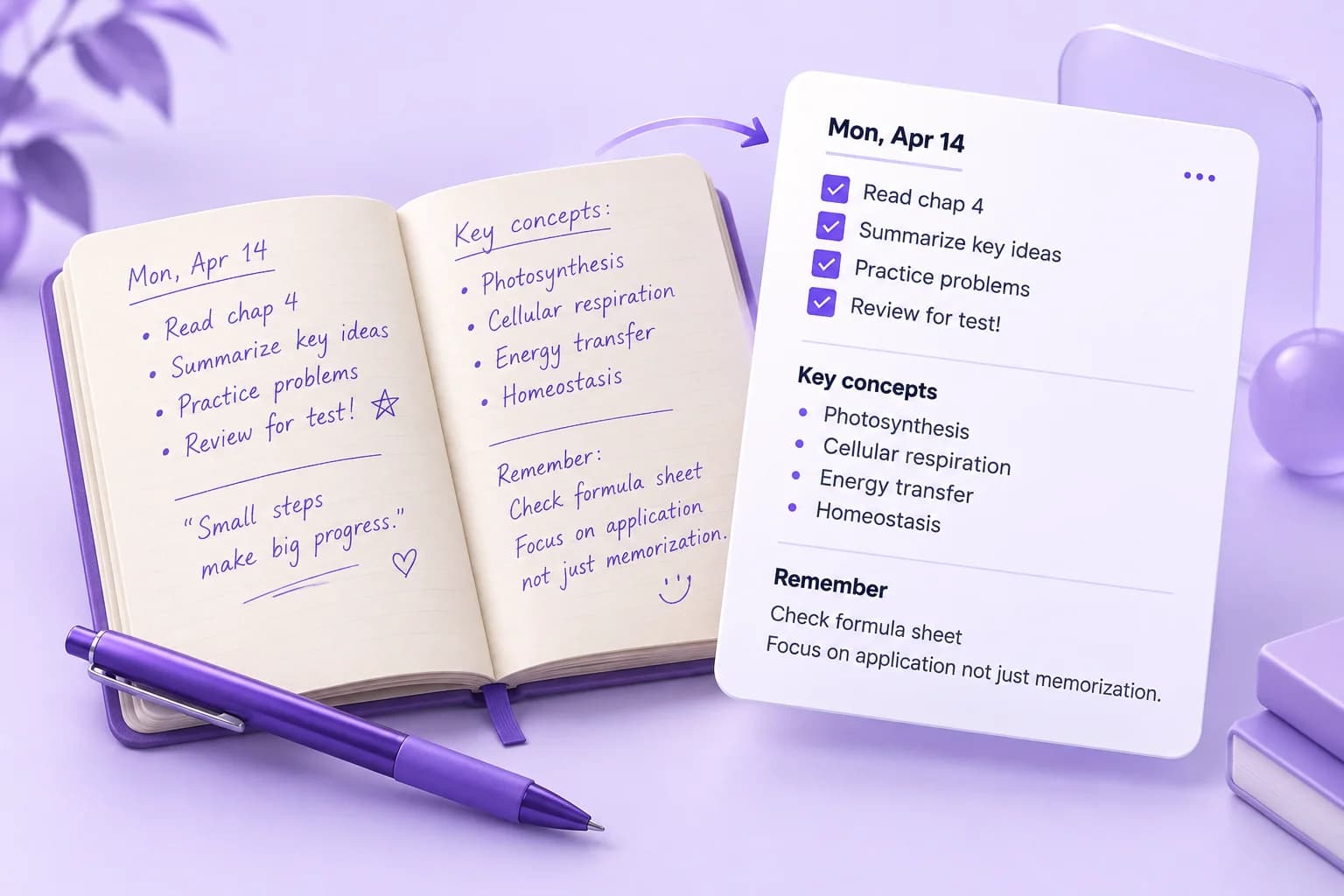 Open handwritten notebook and purple pen beside an organized digital study note card.